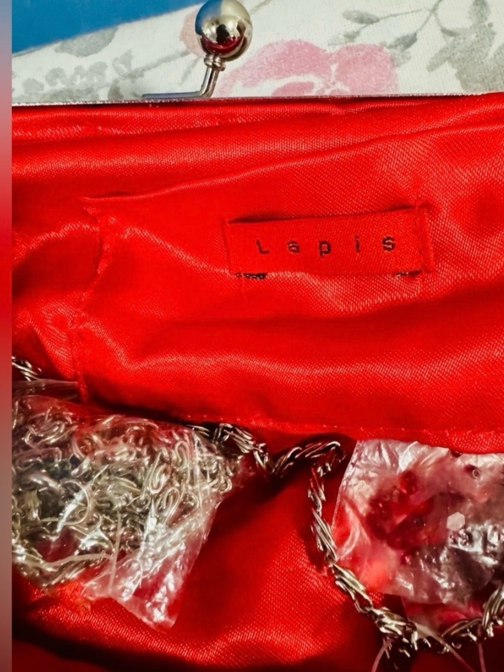 Lapis Red Beaded Evening Clutch with Silver Chain - Picture 5 of 5
